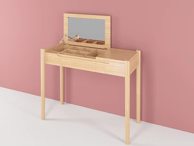 Light Wooden Dressing Table with Mirror Drawers and Storage Compartments on Pink Wall 3d model