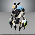 Cartoon Style Mechanical Creature With White Black Body Yellow Circular Eyes And Blue Back Elements