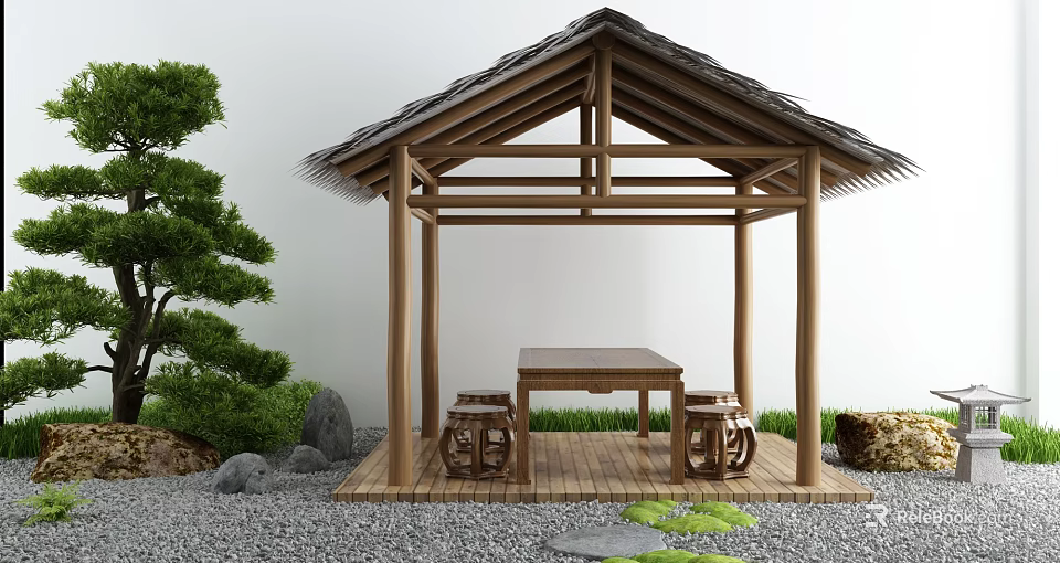 Traditional Wooden Garden Pavilion With Pine Tree Stones Table And Stools On Wooden Floor 3d model 
