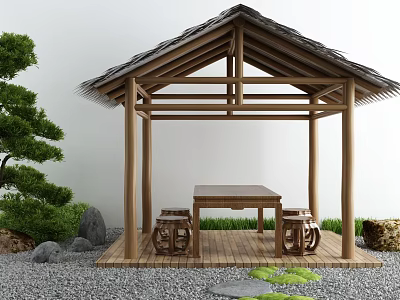 Traditional Wooden Garden Pavilion With Pine Tree Stones Table And Stools On Wooden Floor 3d model