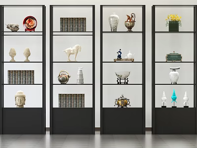 Modern Black Frame Display Shelves With Vases Sculptures Books And Decorative Items 3d model