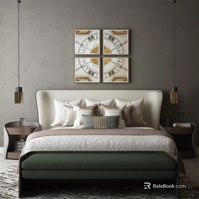 Modern Double Bed with Four Panel Decorative Paintings Nightstands Table Lamps and Bed Bench 3d model 