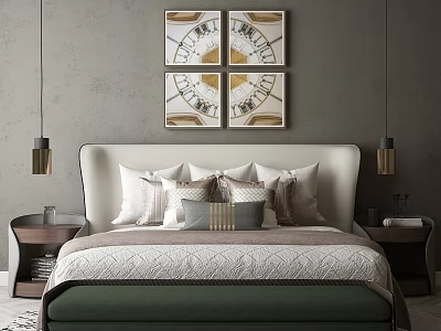 Modern Double Bed with Four Panel Decorative Paintings Nightstands Table Lamps and Bed Bench 3d model