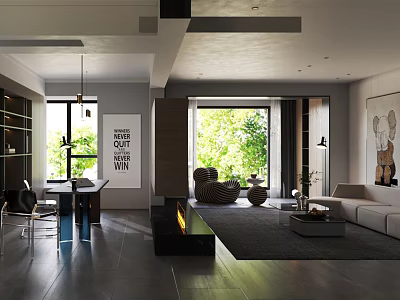 Modern Living and Dining Room Interior With Open Layout Sofa Coffee Table And Fireplace 3d model