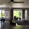 Modern Living and Dining Room Interior With Open Layout Sofa Coffee Table And Fireplace