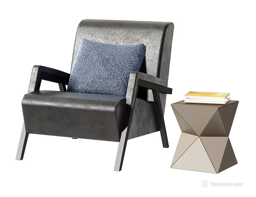 Gray Single Sofa With Blue Cushion And Geometric Side Table With Books 3d model