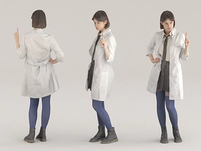 Woman in White Coat Black Skirt Blue Socks Making Pointing Gesture From Three Angles 3d model