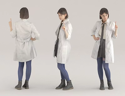 Woman in White Coat Black Skirt Blue Socks Making Pointing Gesture From Three Angles 3d model