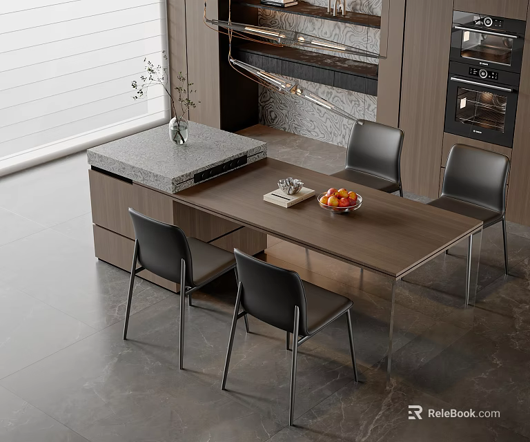 Modern Kitchen Interior Featuring Marble Island Counter And Dining Table With Chairs 3d model 