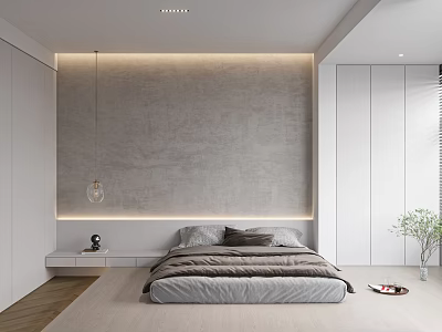 Modern Bedroom Interior Design With Gray Accent Wall LED Strip Lighting And White Wardrobes 3d model