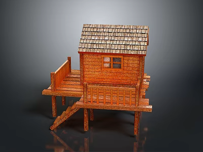 Traditional Elevated Wooden House With Tiled Roof Deck Stairs And Railings 3d model