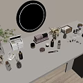 Elegant Perfume Cosmetics Display On Modern Dressing Table With Round Mirror And Green Plants