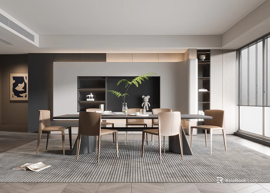 Modern Restaurant Interior Design Featuring Dining Table Chairs Plant Shelves And Window 3d model