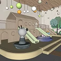Kids Play Area With Wooden House Shaped Structure Slides Colorful Hanging Balls And Tree Decorations