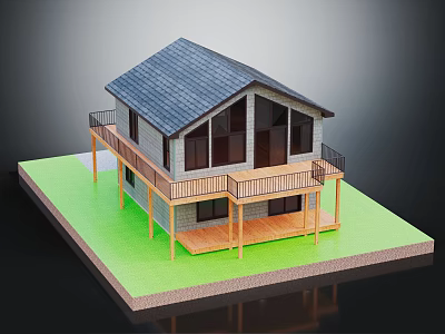 Two Story House With Gray Roof Large Windows And Wooden Balcony On Green Lawn 3d model