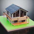 Two Story House With Gray Roof Large Windows And Wooden Balcony On Green Lawn