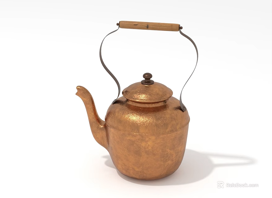Vintage Copper Kettle With Wooden Handle Classic Design Hammered Texture And Spout 3d model 