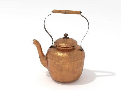 Vintage Copper Kettle With Wooden Handle Classic Design Hammered Texture And Spout 3d model