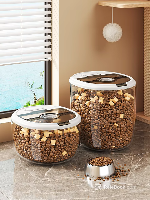 Transparent Cat Food Storage Containers With White Lids By Window Sea View Plants 3d model 