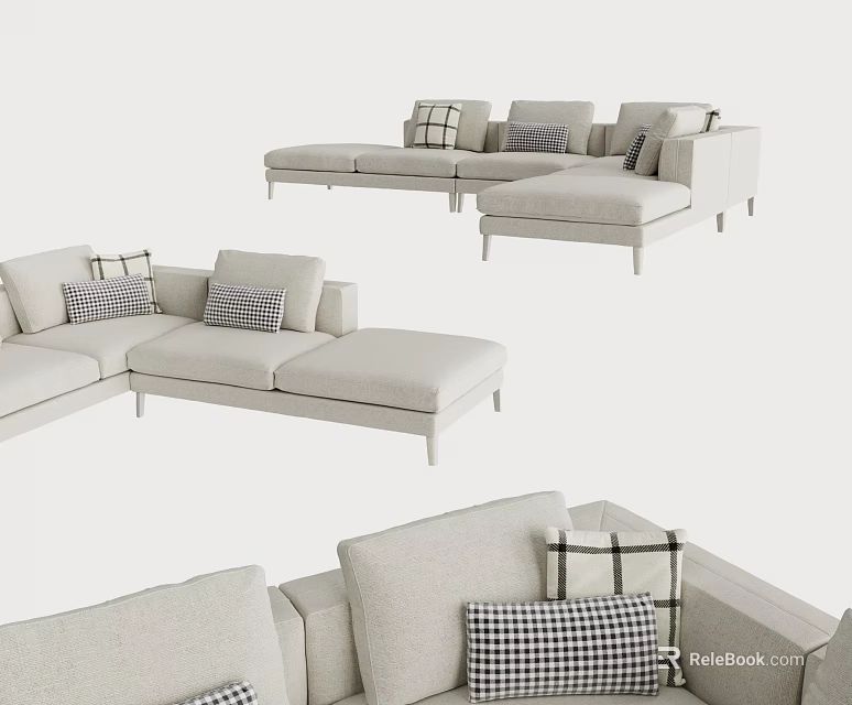 Light Beige L Shaped Sectional Sofa With Checkered Pillows And Modern Design 3d model