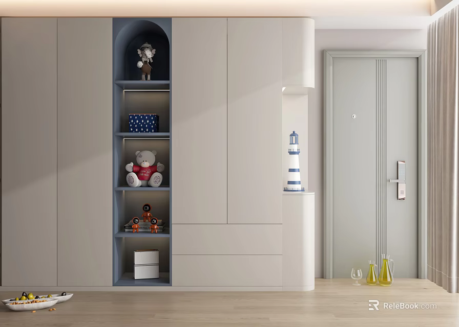 Modern Light Grey Wardrobe With Open Shelves And Decorative Storage In Interior Space 3d model 