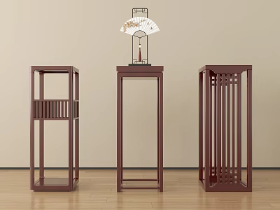 Three Mahogany Chinese Style Flower Stands With Decorative Fan On Wooden Floor And Light Wall 3d model
