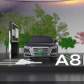 Sleek Black Audi A8L Sedan On Display Platform With Four Rings Logo And Screen
