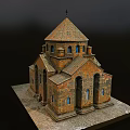 Ancient Stone Church Architecture With Dome Spire Arched Doors Cross And Stone Paved Base