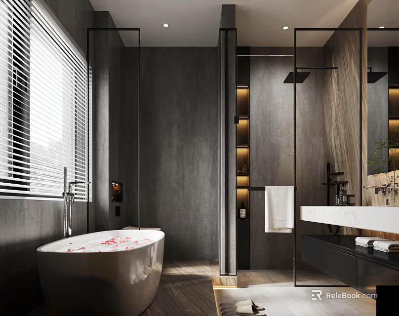 Modern Bathroom Interior With Freestanding Bathtub Red Petals Shower Area And Marble Countertop 3d model 