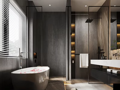 Modern Bathroom Interior With Freestanding Bathtub Red Petals Shower Area And Marble Countertop 3d model