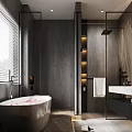 Modern Bathroom Interior With Freestanding Bathtub Red Petals Shower Area And Marble Countertop