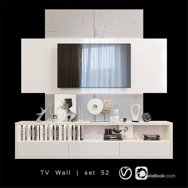 Modern White TV Wall Design With Cabinet Decorative Items And Books 3d model 