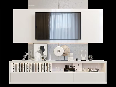 Modern White TV Wall Design With Cabinet Decorative Items And Books 3d model