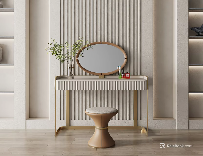 Modern Dressing Table with Oval Mirror Gold Legs Brown Stool Green Plant Cosmetics on Top 3d model 