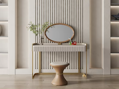 Modern Dressing Table with Oval Mirror Gold Legs Brown Stool Green Plant Cosmetics on Top 3d model