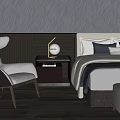 Modern Double Bed with Bedside Table Table Lamp Chair Ottoman Gray Wall and Decorative Pillows