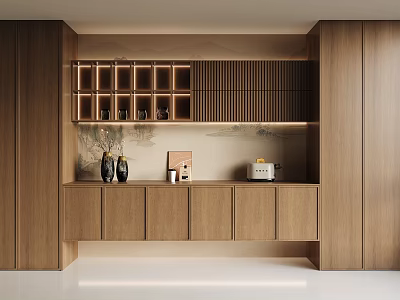 Modern Wooden Sideboard With Open Shelves Cabinets Small Appliances And Decorative Vases 3d model