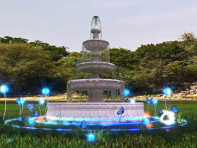 Photo Spot With Multi Tiered Fountain Blue Lights And Butterfly Decorations In Grassland 3d model