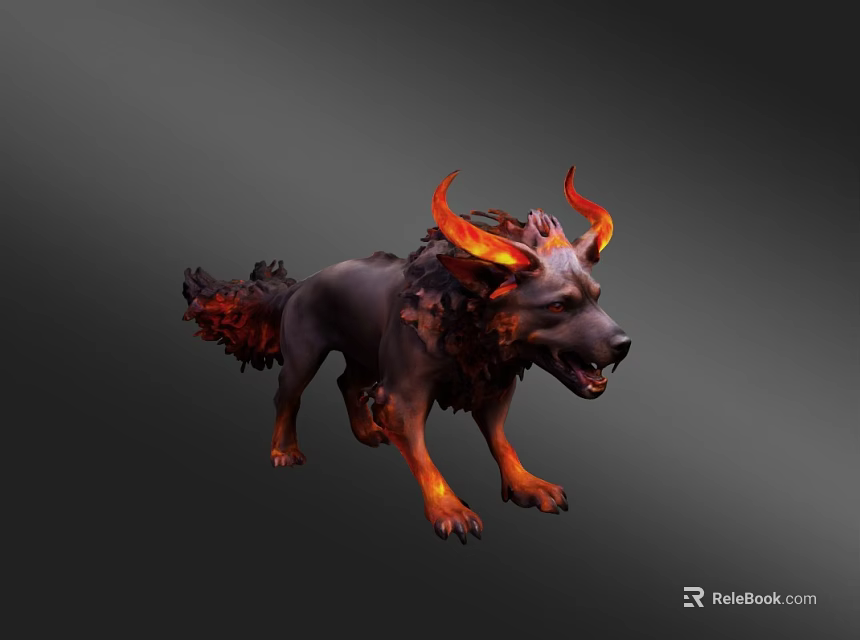 Black Wolf Game Movie Character With Red Horns And Burning Flames 3d model 