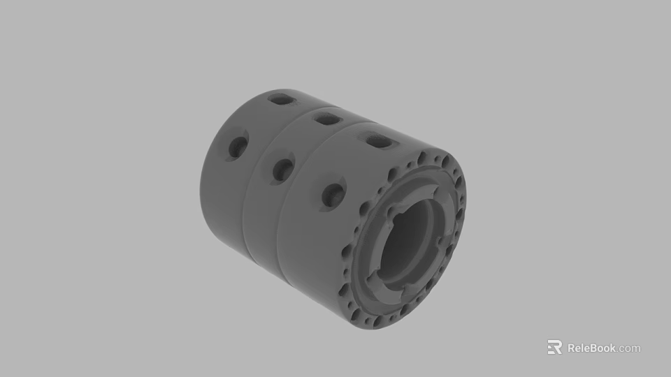 Gray Cylindrical Mechanical Component With Multiple Side Holes And End Perforations 3d model 