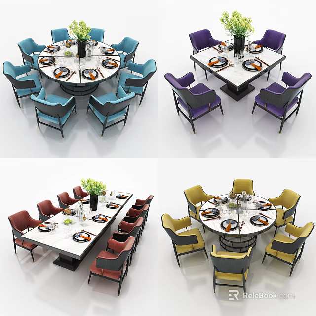 Modern Dining Table Set With Round Rectangular Tables Colorful Chairs Tableware And Green Plants 3d model