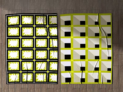 Square Rugs Featuring Geometric Patterns Yellow White Black Borders And 3D Cube Design 3d model