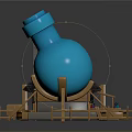 Colorful Cartoon Scene With Small House Red Roof Chimney Blue Bottle And Wooden Fence