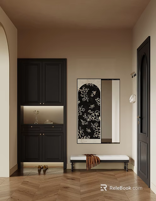 Modern Luxury Shoe Bench With Black Cabinet Mirror And Floral Pattern 3d model