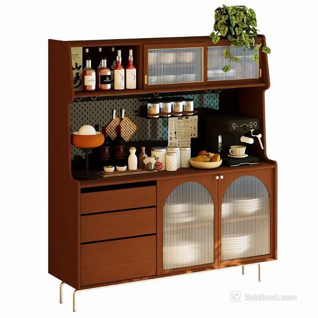 Brown Sideboard With Drawers Glass Doors Dishes Wine Bottles Coffee Machine Green Plant On Top 3d model 