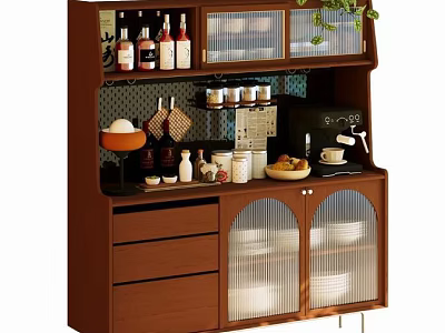 Brown Sideboard With Drawers Glass Doors Dishes Wine Bottles Coffee Machine Green Plant On Top 3d model