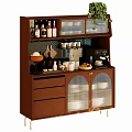 Brown Sideboard With Drawers Glass Doors Dishes Wine Bottles Coffee Machine Green Plant On Top