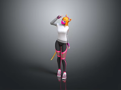 Anime Style Character With Cat Ears And Yellow Tail White Sweater Black Leggings Pink Stripes 3d model