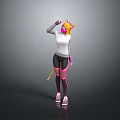 Anime Style Character With Cat Ears And Yellow Tail White Sweater Black Leggings Pink Stripes
