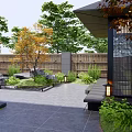 Serene Japanese Garden Courtyard Featuring Bamboo Fence Maple Trees Rocks Waterfall And Stone Patio
